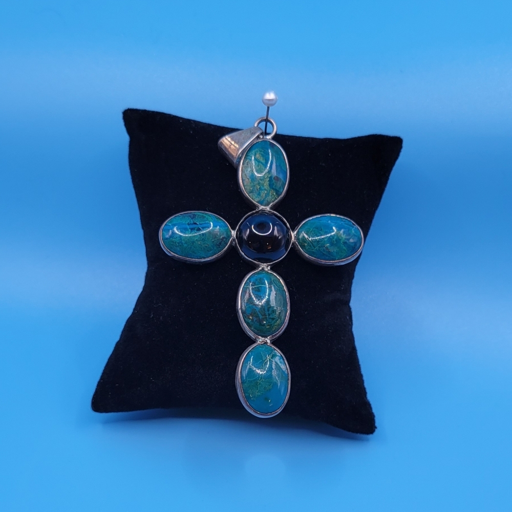 Vintage Sterling Turquoise and Onyx Cross Pendant